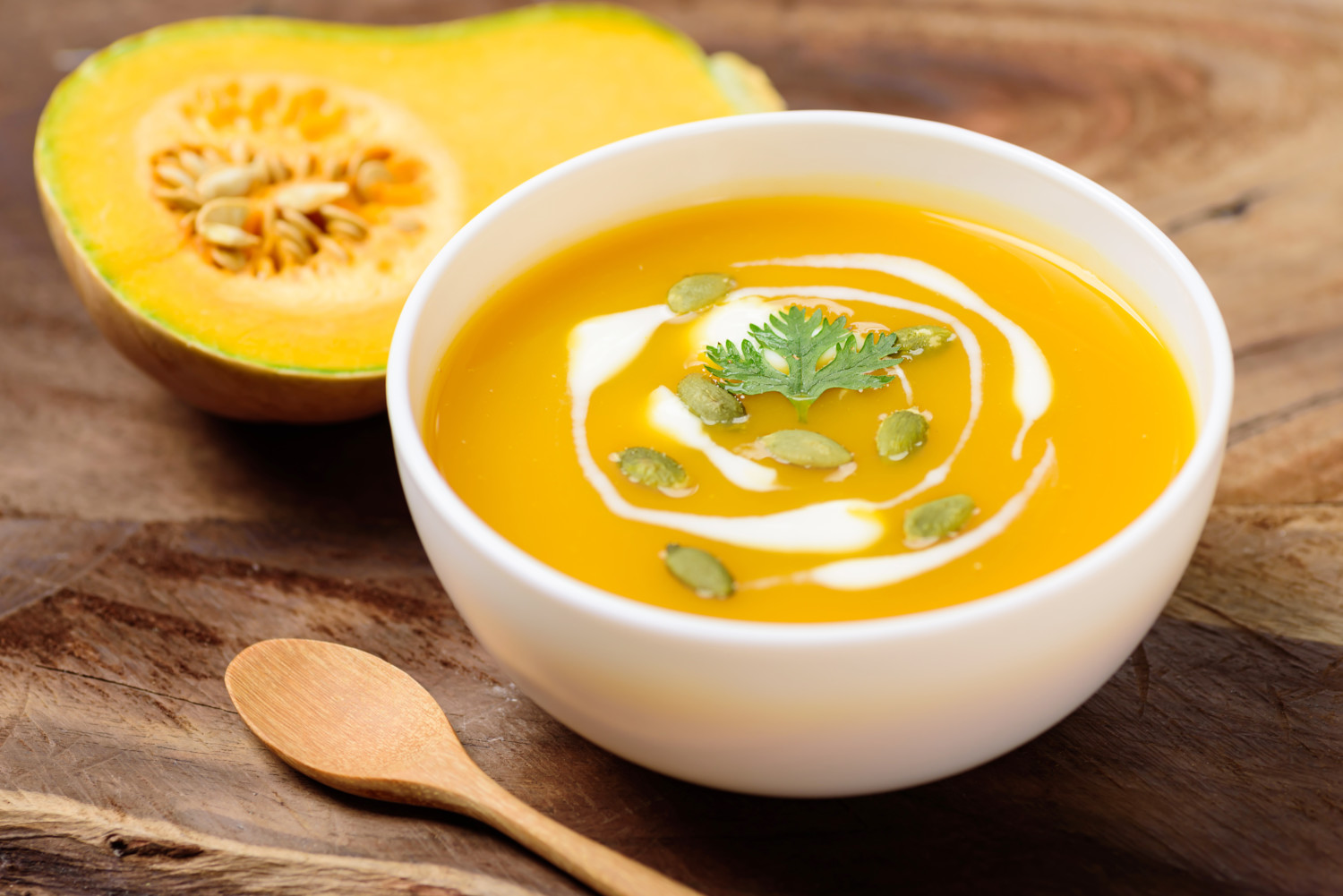Butternut squash soup with pumpkin seed and fresh butternut squash