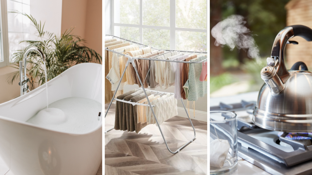 collage image of a bathtub, a laundry drying rack and a tea kettle on a stovetop
