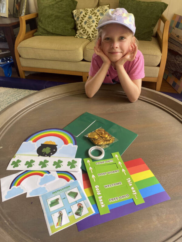 Girl with materials to build a leprechaun trap