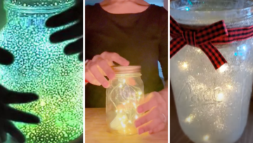 Three images of Mason jar fairy lights