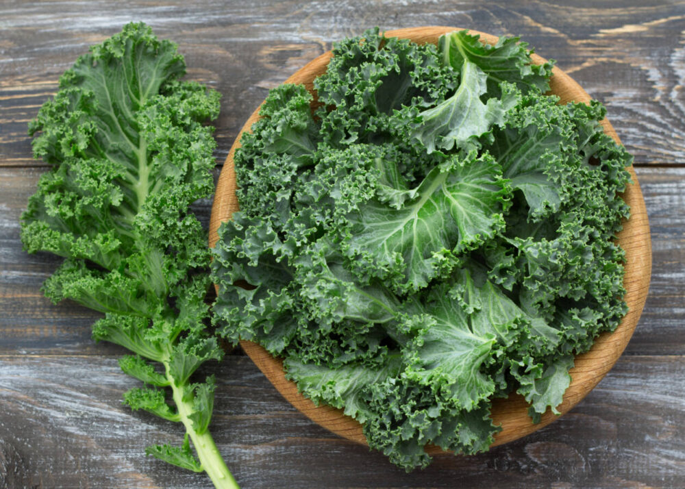 Fresh green curly kale leaves on a wooden table