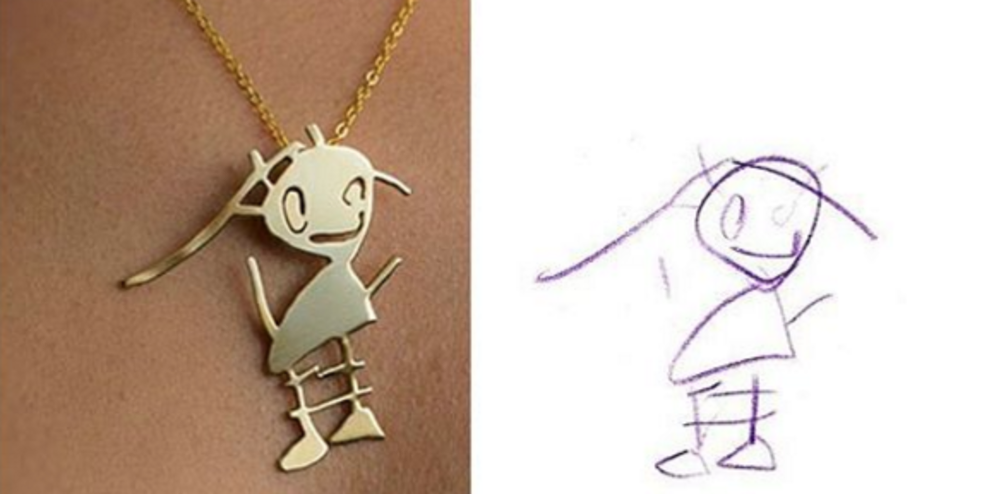gold necklace featuring child's drawing superimposed next to the actual drawing
