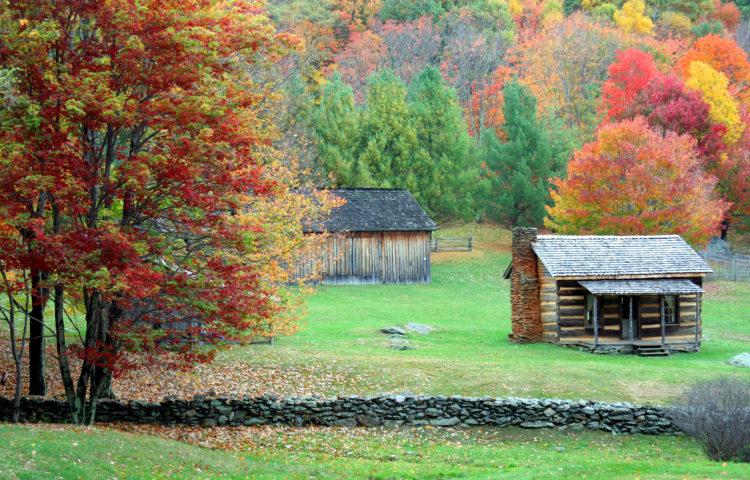 Autumn mountain colors and cabin