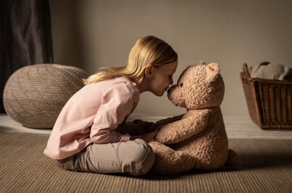 a little girl sitting on the floor holding a teddy bear