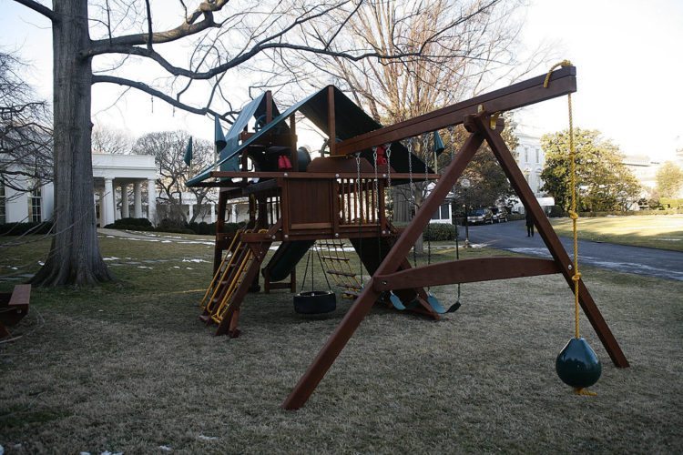 WASHINGTON - MARCH 4: A new swing and play set stands after being installed on the South Lawn of the White House near the Oval Office March 4, 2009 in Washingtion, DC. The set was installed for U.S. President barack Obama's daughters Sasha and Malia. (Photo by Dennis Brack-Pool/Getty Images)