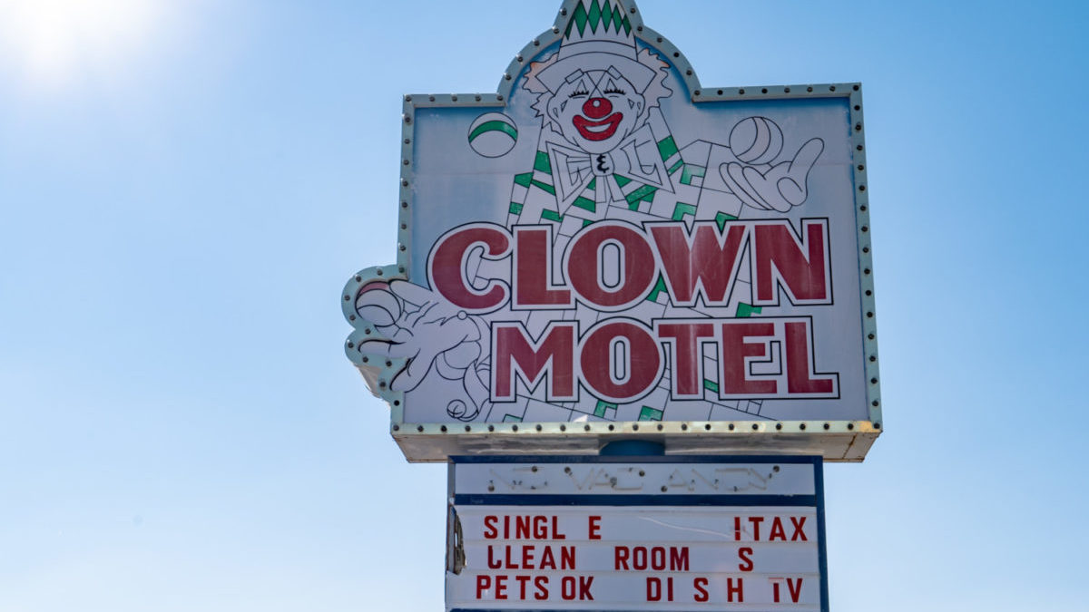 Clown Motel sign in Tonopah Nevada, is a kitschy roadside attraction.