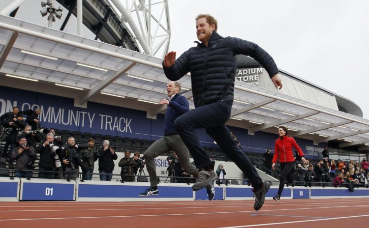 LONDON, ENGLAND - FEBRUARY 05:  Prince William, Duke of Cambridge, Catherine, Duchess of Cambridge and Prince Harry race during the Team Heads Together at a London Marathon Training Day at the Queen Elizabeth Olympic Park on February 5, 2017 in London,  England.  (Photo by Alastair Grant-Pool/Getty Images)