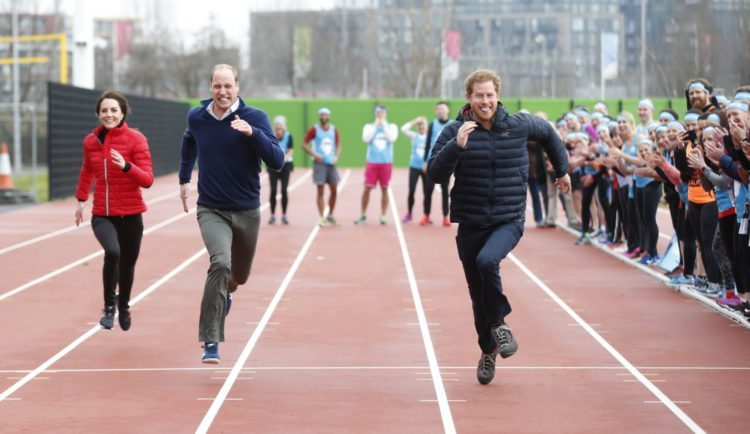 LONDON, ENGLAND - FEBRUARY 05:   Catherine, Duchess of Cambridge, Prince William, Duke of Cambridge and Prince Harry race during a Marathon Training Day with Team Heads Together at the Queen Elizabeth Olympic Park on February 5, 2017 in London,  England.  (Photo by Alastair Grant - WPA Pool/Getty Images)