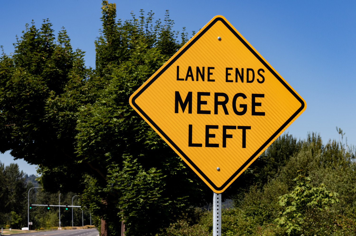 Lane ends merge left sign with trees