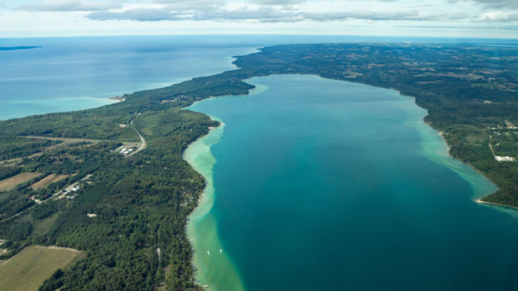 Torch Lake and Lake Michigan seen from the sky