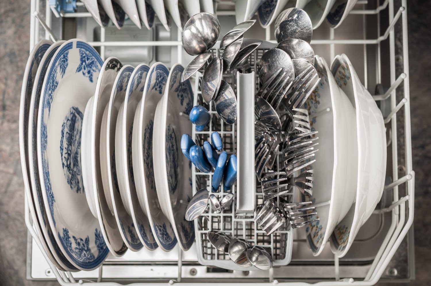 Dishes in dishwasher basket