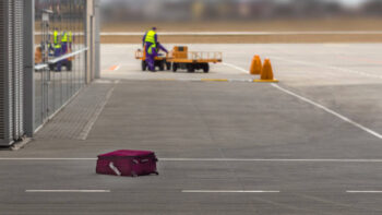 lost suitcase lying on airport tarmac