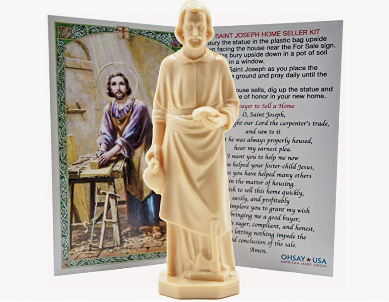St. Joseph statue with instructions and prayer card