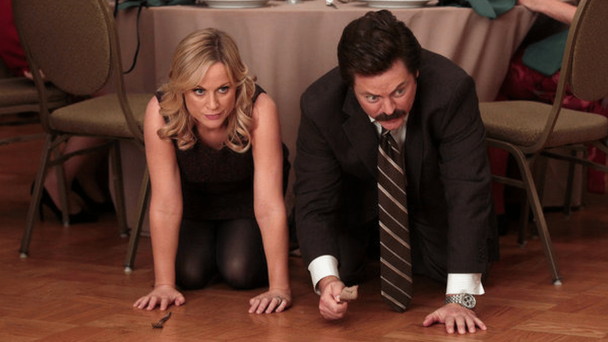 Amy Poehler and Nick Offerman as Leslie and Ron in NBC's "Parks and Recreation."