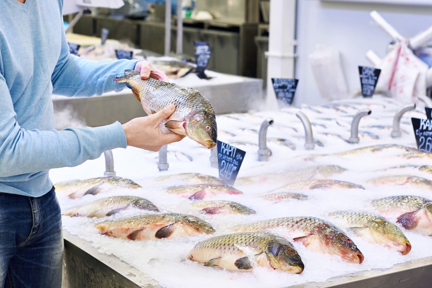 Man chooses carp fish in the supermarket