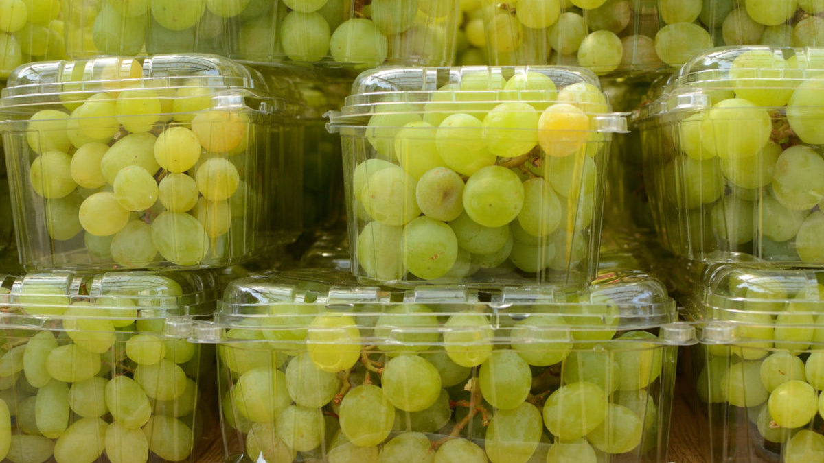 Packages of green grapes at a grocery store.