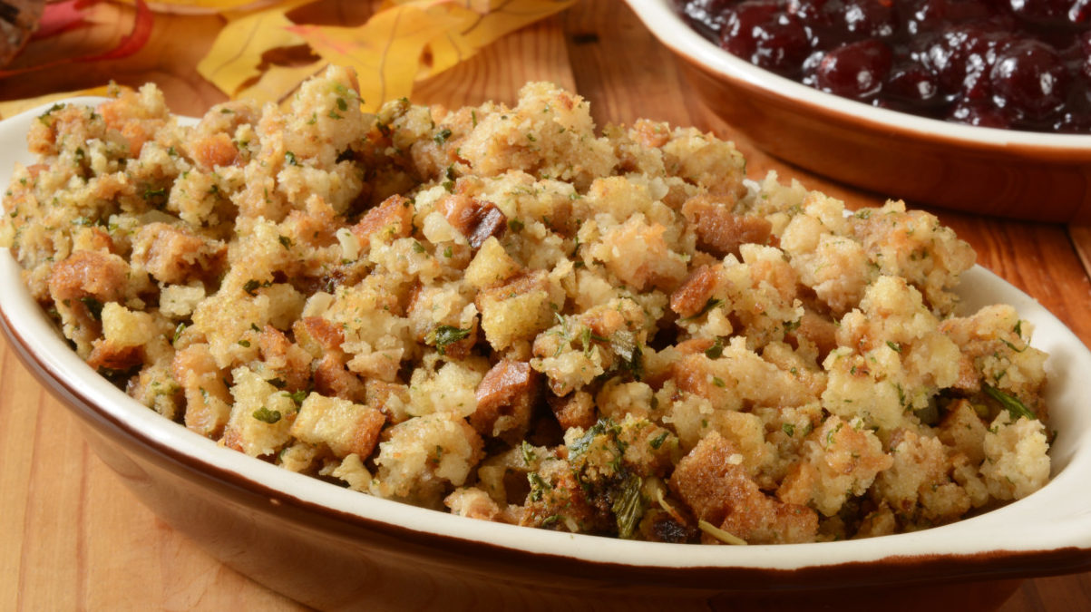 Slow cooker stuffing in dish for Thanksgiving
