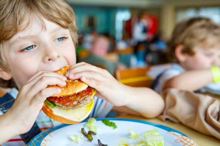 Cute healthy preschool kid boy eats hamburger sitting in school or nursery cafe. Happy child eating healthy organic and vegan food in restaurant. Childhood, health concept