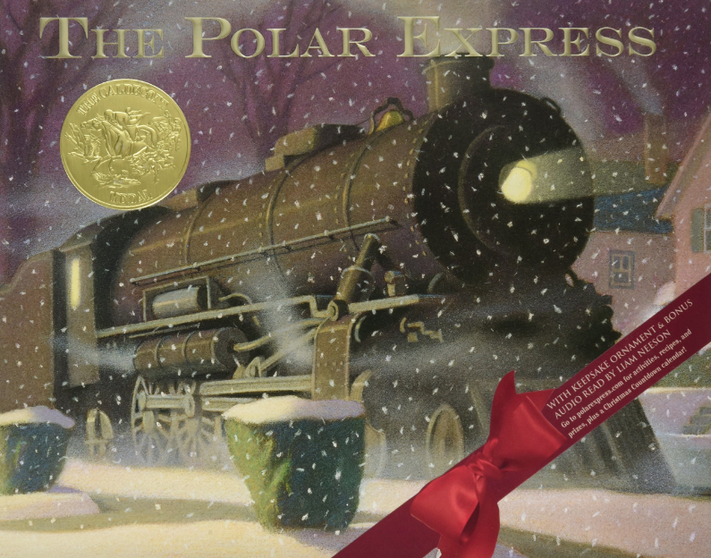 illustrated book cover of The Polar Express featuring large black vintage train amid snowfall