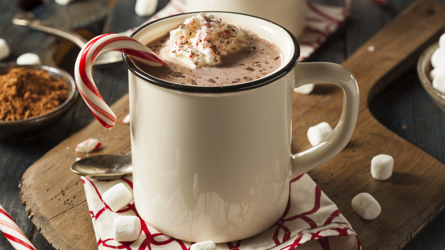 hot chocolate for the holidays with candy canes and whipped cream