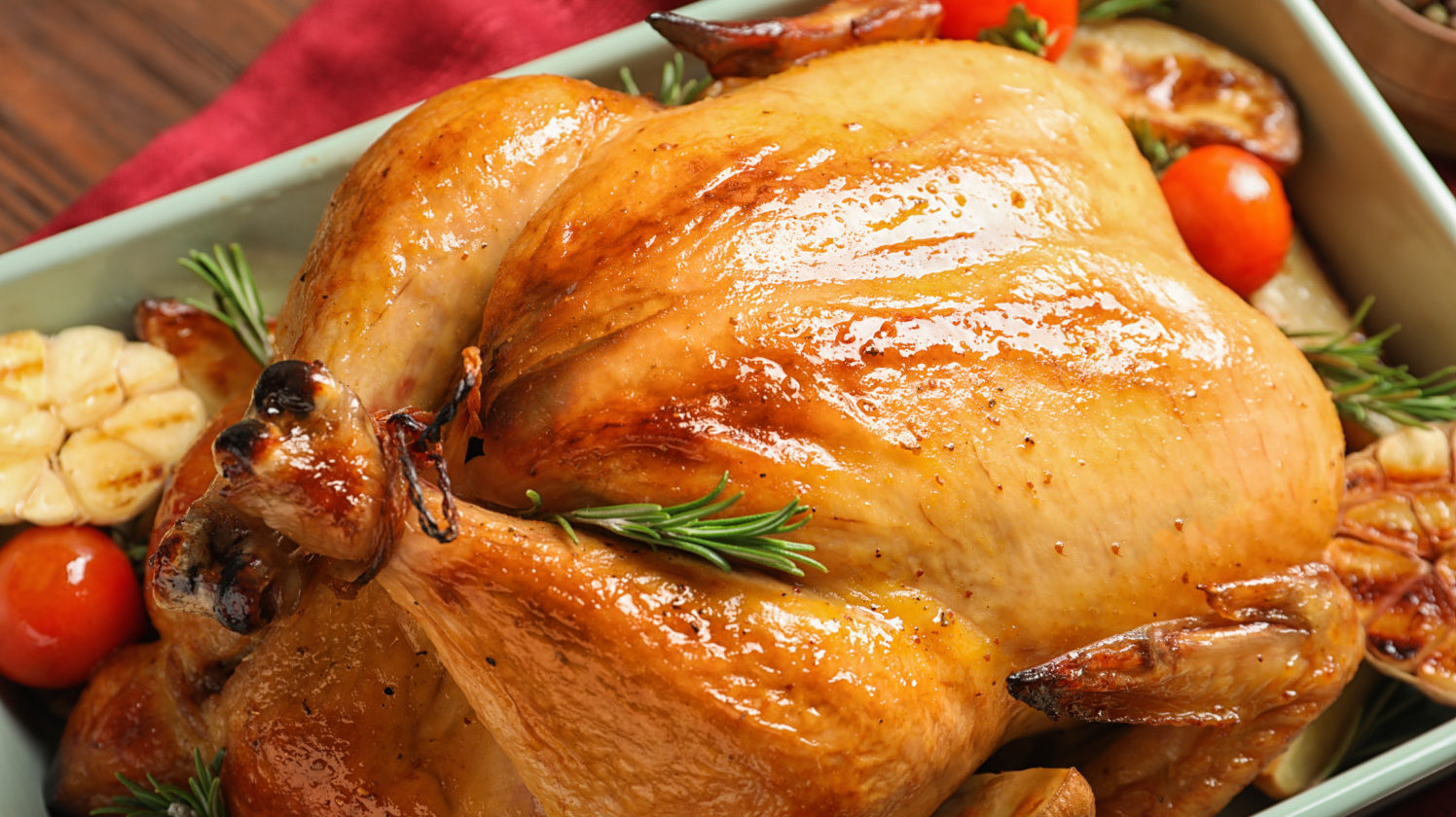 Turkey in roasting pan for Thanksgiving
