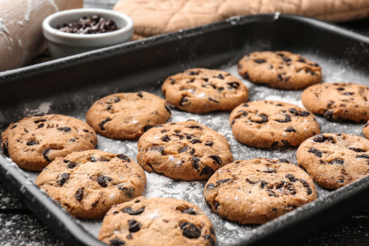 Chocolate chip cookies baked on pan