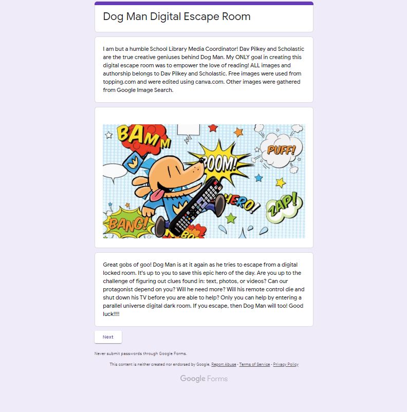 Dog Man digital escape room starting page
