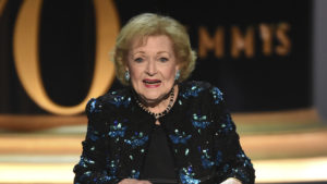 Betty White stands on stage at the Emmys in 2018.