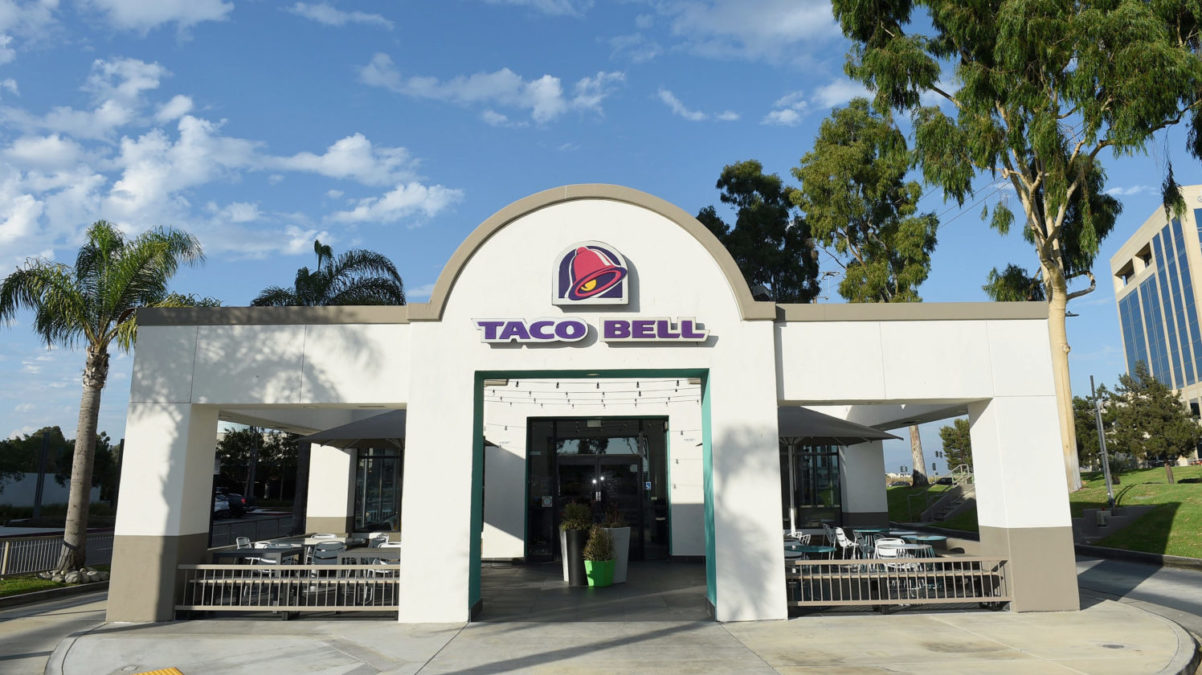 A Taco Bell restaurant is shown from the outside.