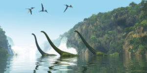 Dinosaurs swim and fly under cloud-free skies