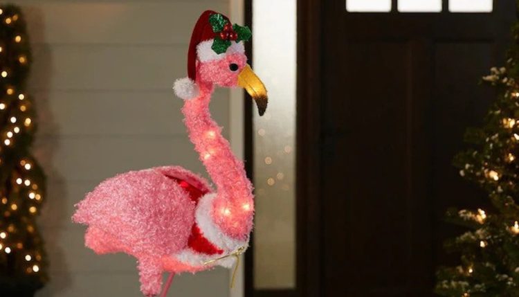 Lowes is selling a fluffy pink Santa flamingo for your yard