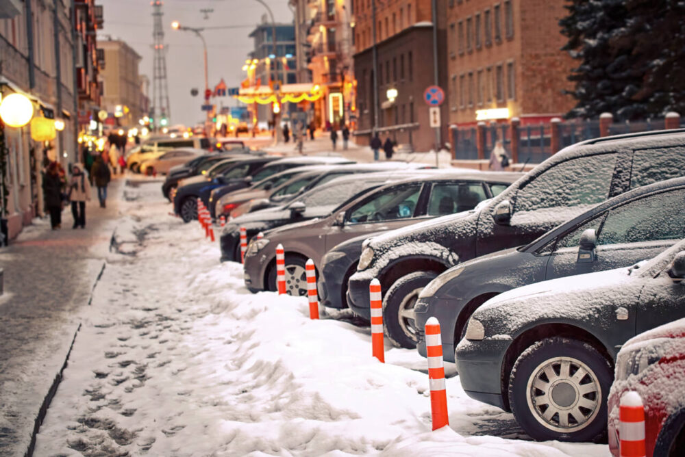 Cars parked in winter weather