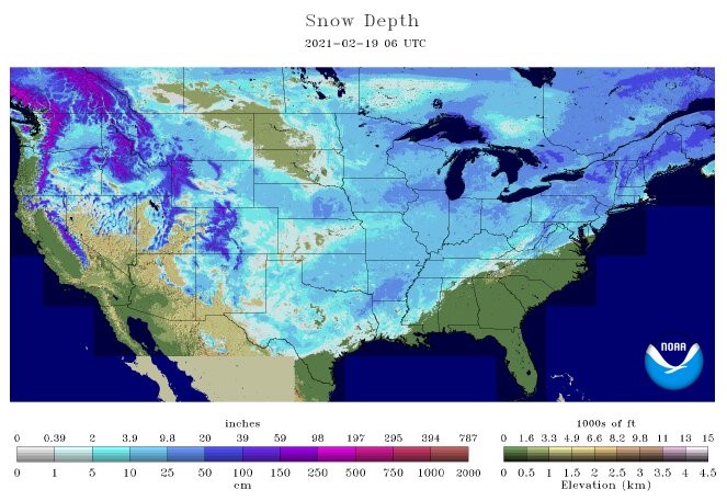 Snow depth in the United States in February 2021