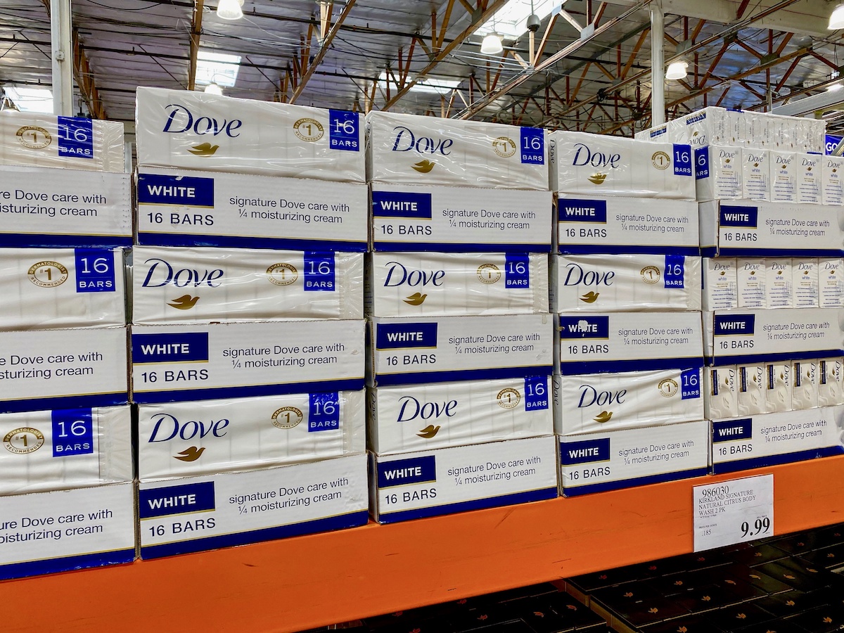 Dove soap bars stacked on shelf