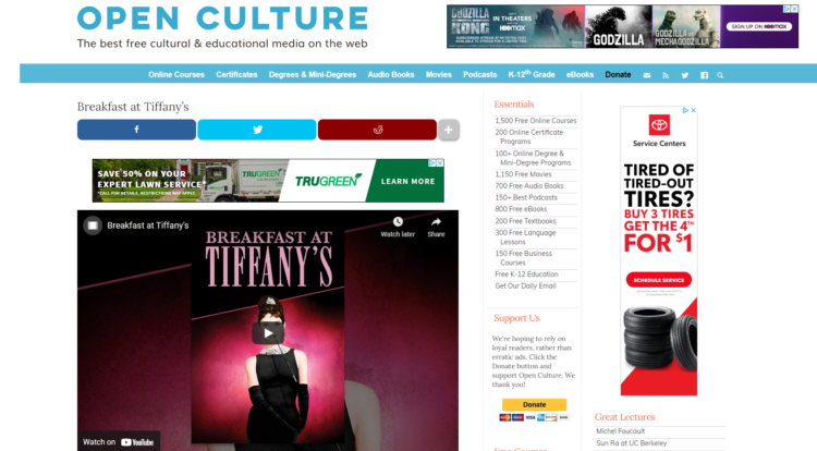screenshot of Open Culture movie site