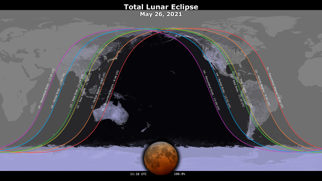 Map showing visibility of May 2021 lunar eclipse for May 26, 2021