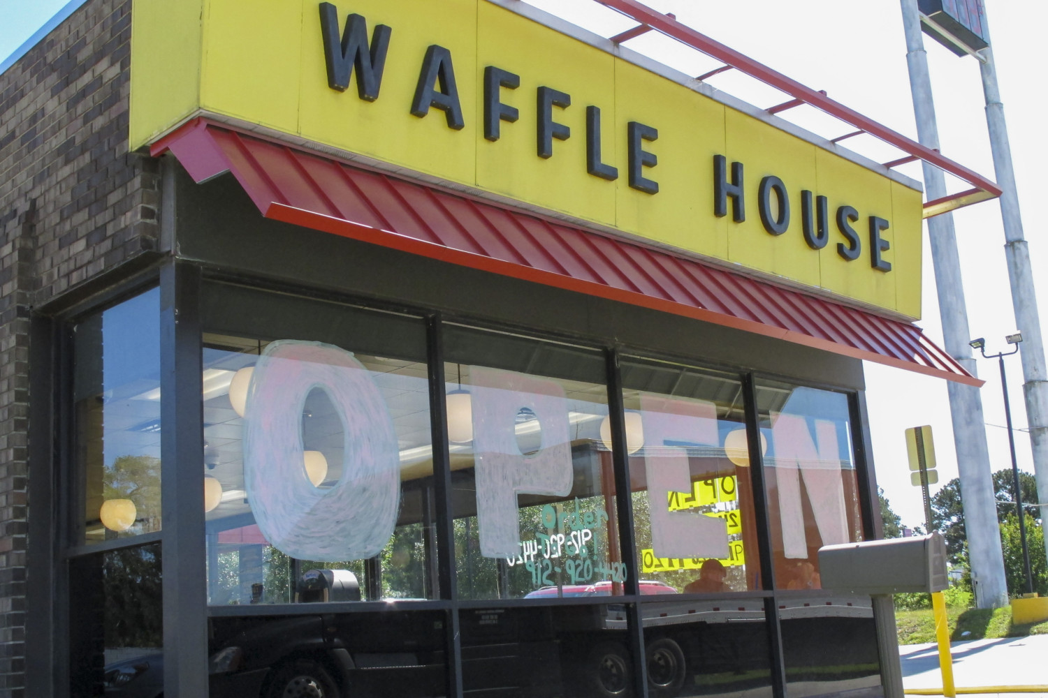 Waffle House in Georgia with 'open' sign