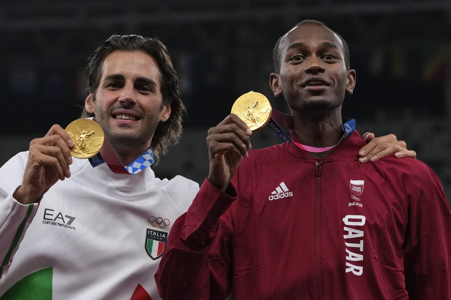 Joint gold medalists Mutaz Barshim and Gianmarco Tamberi