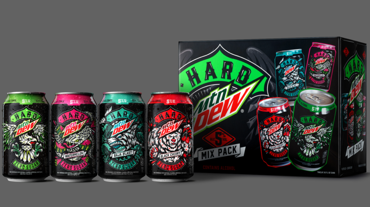 Four flavors of Hard Mountain Dew are shown. The hard seltzers are coming out in 2022.