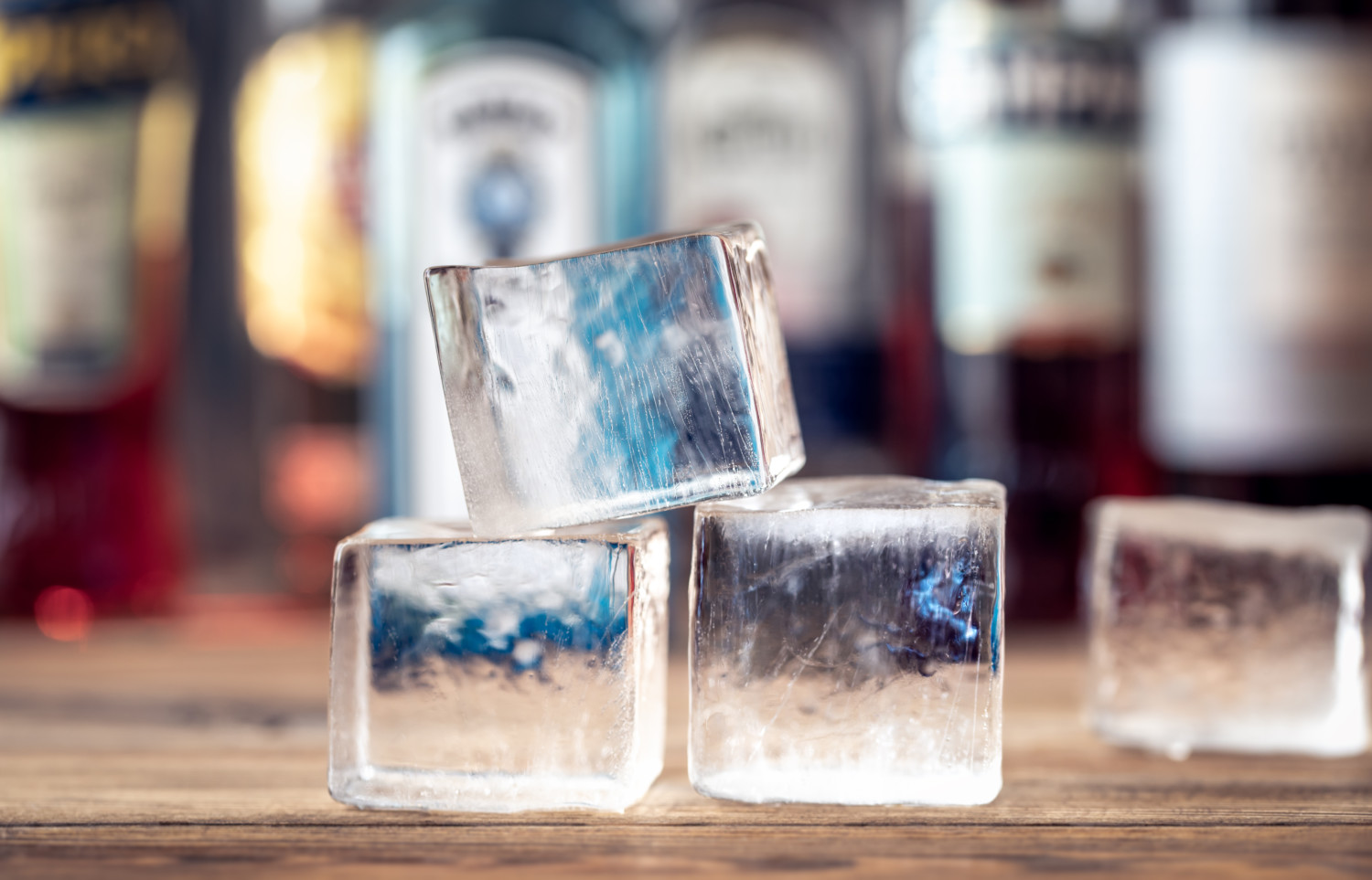 Crystal clear ice cubes on bar