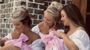 Sisters Brooke Dueringer and Ali White, with mom, hold their newborn babies born on same day