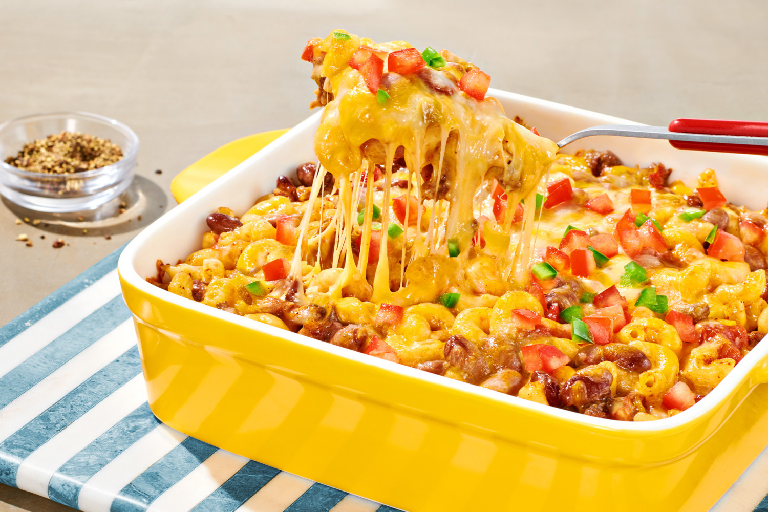 Baked Mexican Chili Pasta in yellow dish