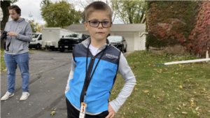 Sawyer Burich poses in Amazon delivery costume