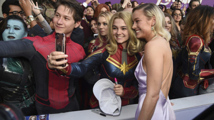 Brie Larson poses for selfie at Avengers Endgame red carpet