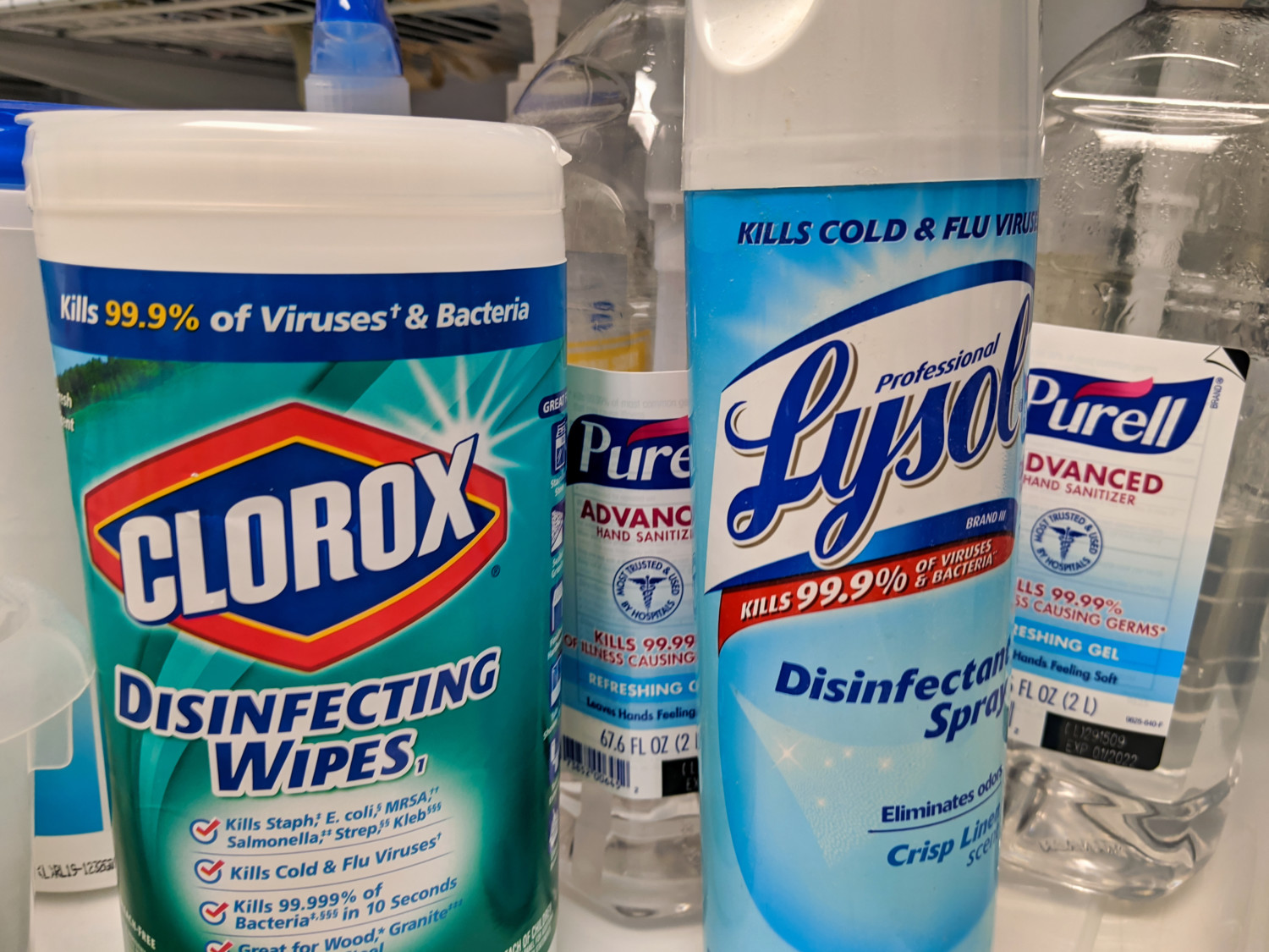 Stockpile of Clorox wipes, Lysol spray, and Purell hand sanitize