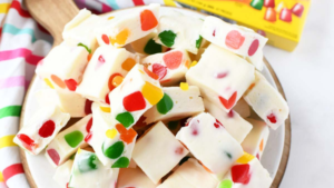 Fruity gumdrop nougat candies are shown on a plate