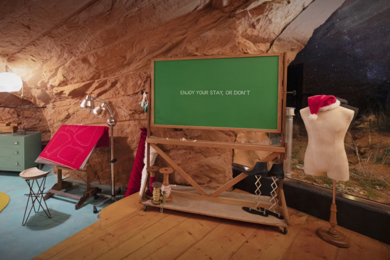 Sign in Grinch cave reads 'enjoy your stay, or don't'