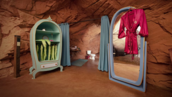 Furniture styled after Dr. Seuss in the Grinch cave you can rent on Vacasa