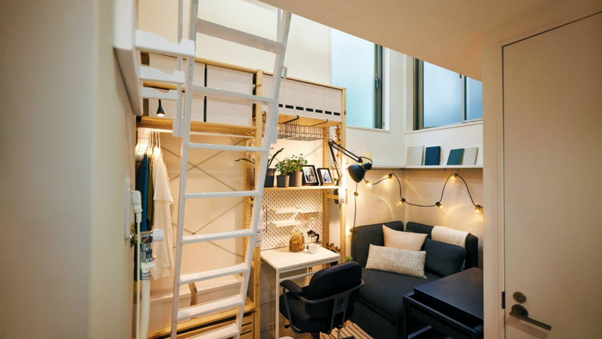 The living room of a tiny apartment furnished by Ikea in Japan