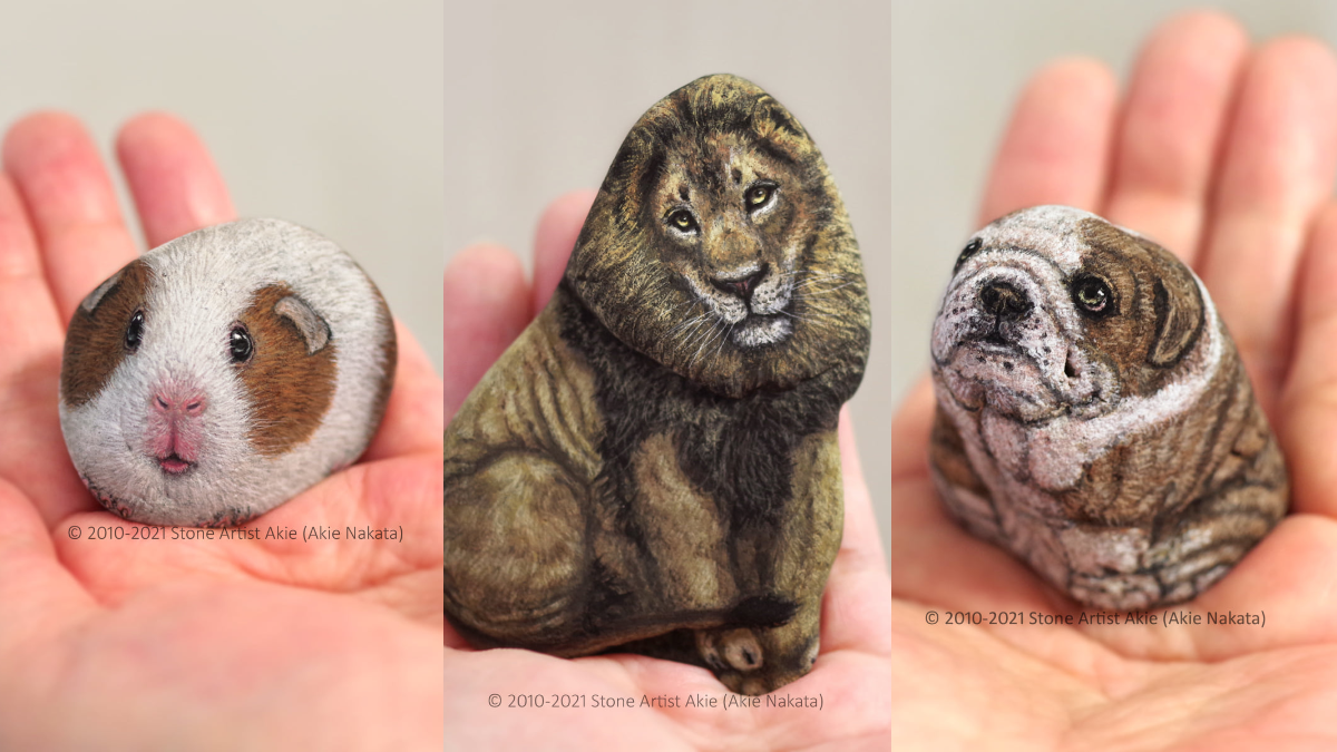 A guinea pig, lion and bulldog painted on stones by Akie Nakata.